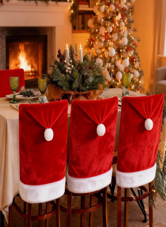 VADOO Christmas Chair Covers, 4PCS Santa Hat Chair Covers with 4 Pcs Silverware Holders Red Hat Dining Chair Slipcovers Christmas Chair Back Covers for Party Festival Decoration - Image 1